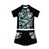 Girls 2 Piece Floral Print Swim Set Round Neck Short Sleeve Top Elastic Waist Boyshorts Beach Bathing Suit Swimsuit