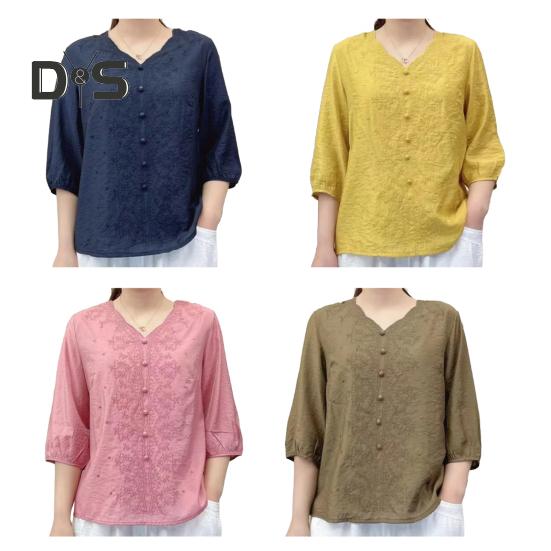 Women Shirt V-neck Half Sleeve Embroidery Floral Pattern Loose Fit Tops Solid Color Casual Blouse Daily Wear