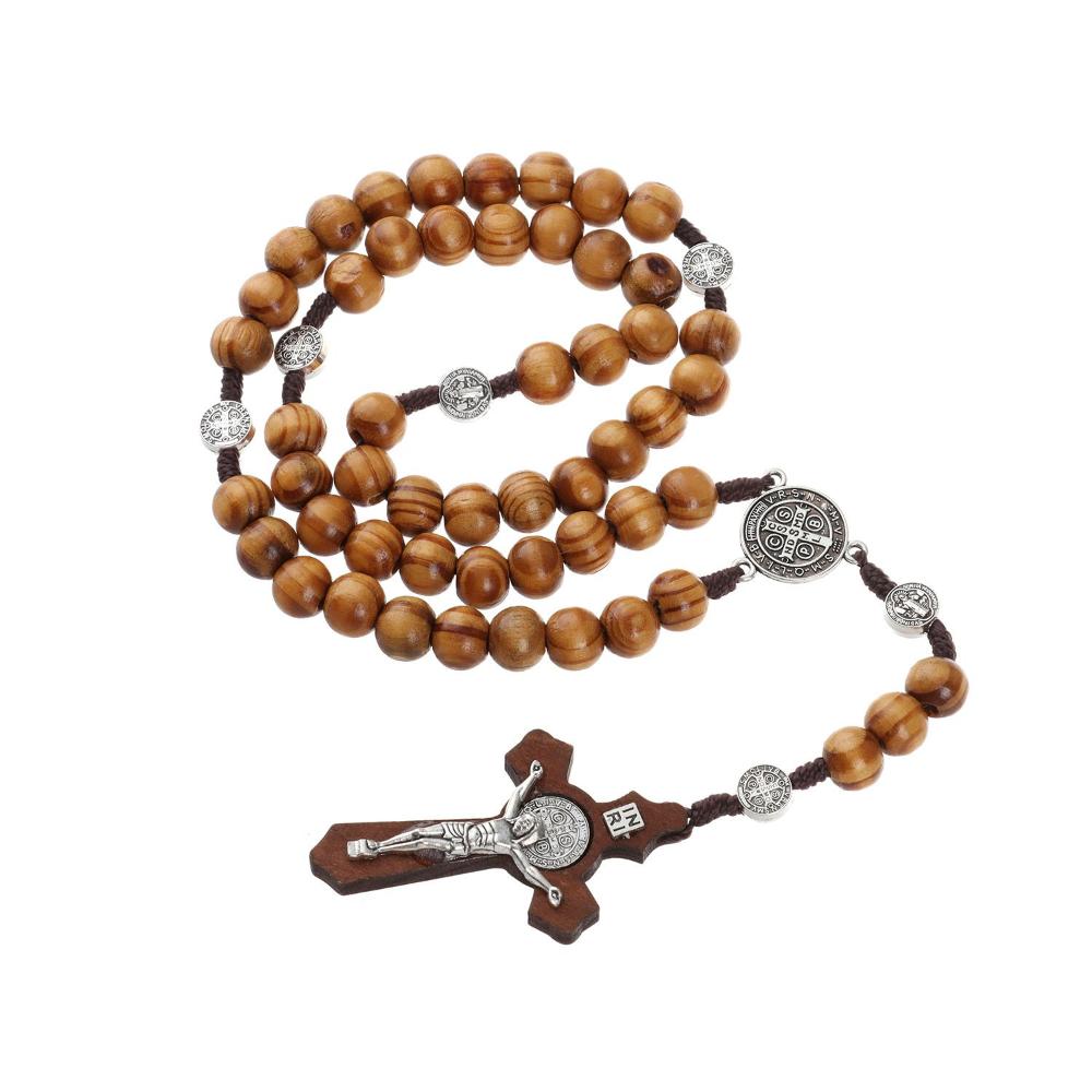Подарки Католическая молитвенная цепочка Деревянные бусины Ожерелье Ожерелье с крестом Ожерелье-розарий Подвеска-крест