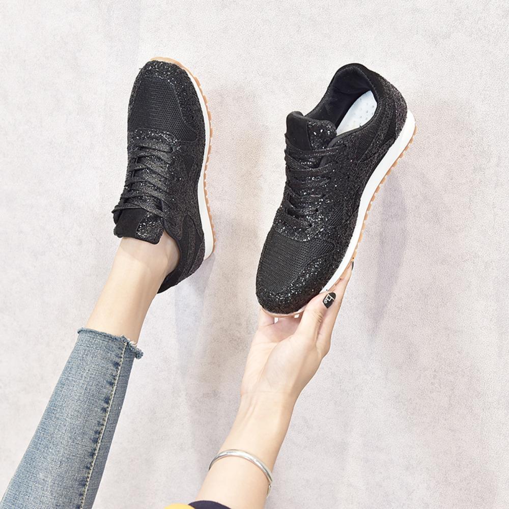 Женские блестящие кроссовки на плоской подошве, повседневная блестящая вулканизированная обувь, женская сетчатая обувь на шнуровке, удобная платформа размера плюс, модная женская осенняя обувь