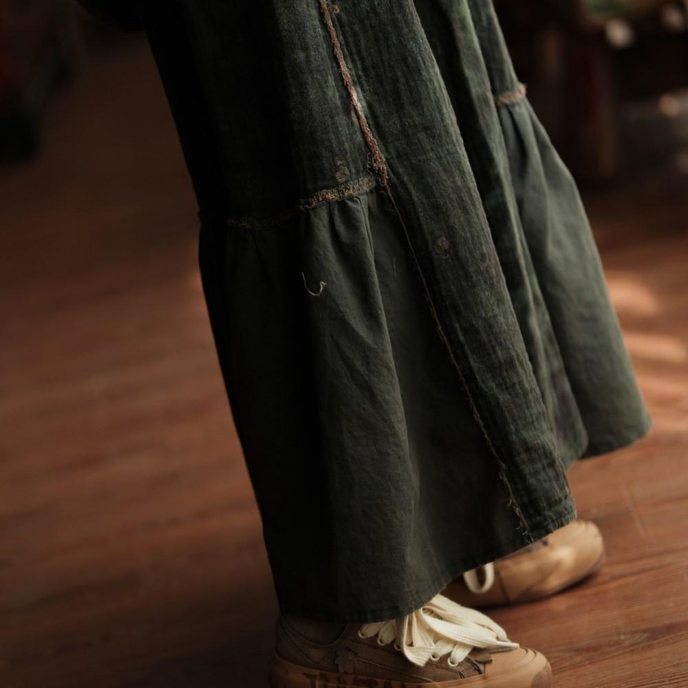 Johnature Women Vintage Green Skirts Elastic Waist Patchwork Loose Autumn Chinese Style Female A-Line Skirts