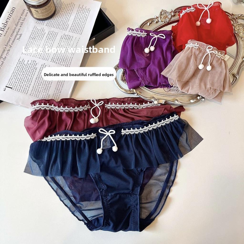 Ladies Spring and Summer 100 Pleated Mesh Lace Comfortable Breathable Cotton Crotch Waist Triangle Briefs