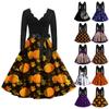 Women's Vintage Classic Dress Long Sleeve Halloween Print V-neck Swing Dress