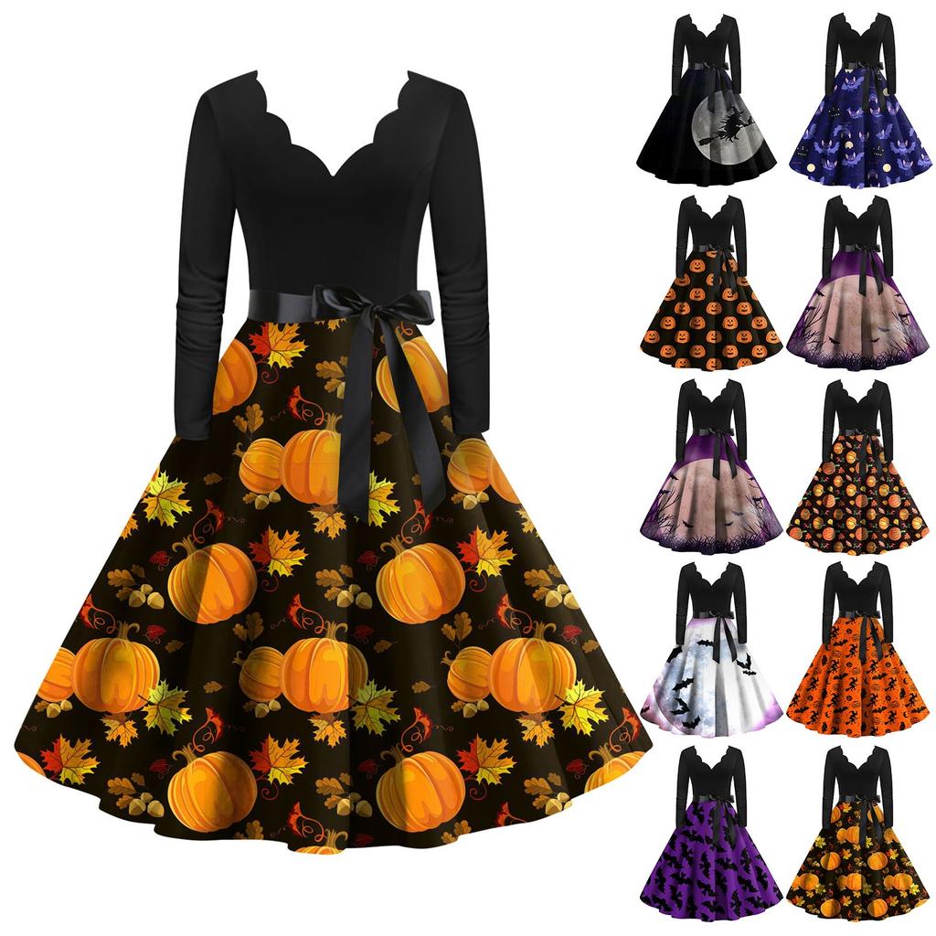Women's Vintage Classic Dress Long Sleeve Halloween Print V-neck Swing Dress