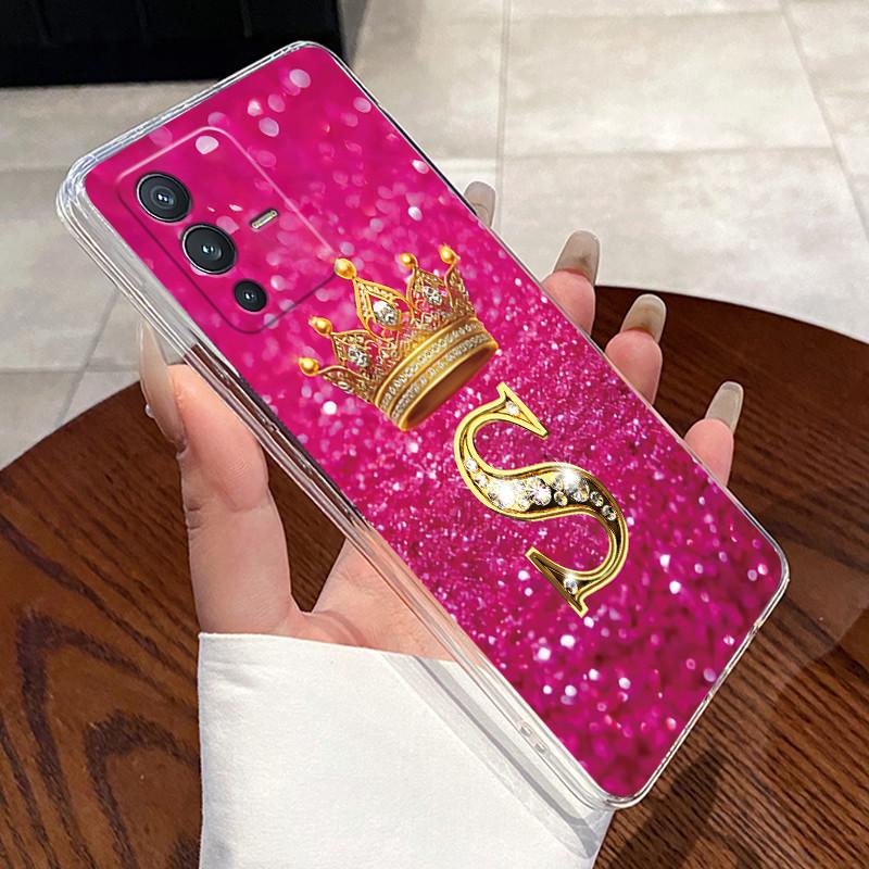 Для Vivo V23 Pro Новый Корона Буква Розовый Блестящий От А до Я Чехол для Телефона для Пары Для Vivo V23 Pro Прозрачный ТПУ Ударопрочный Мягкий Чехол