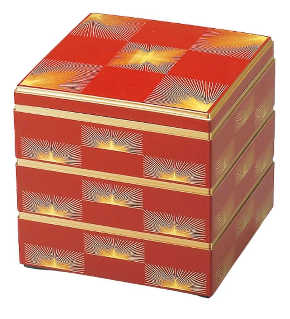 J-kitchens Outdoor Lunch Box (Lunch Box) Made in Japan, 3 Tiers, 6-inch, Saikōgō, Heavy Red Pine Needle Checkered Pattern, 18.0cm x 18.0cm x 16.2cm