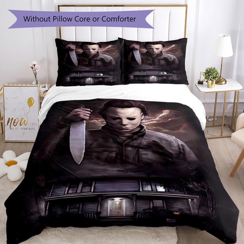 3pcs Michael Myers pattern bedding set duvet cover set includes duvet cover &pillowcases, perfect all season bedroom decoration & gift