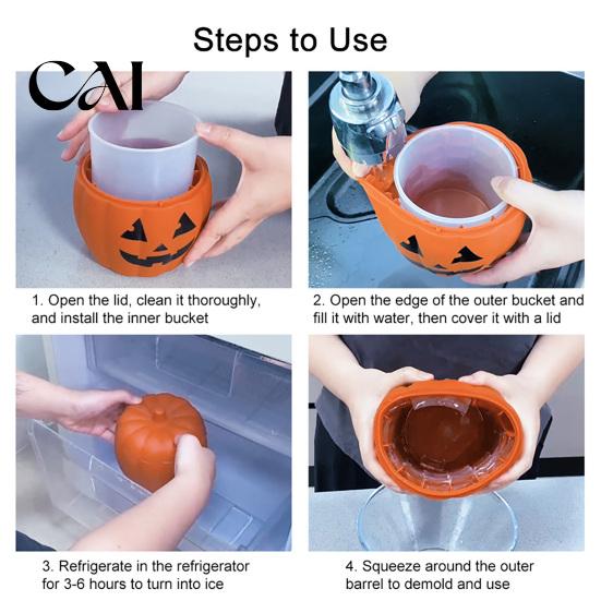 Camping Portable Ice Bucket Halloween Mold, Pumpkin Ghost Silicone Tray with Drain Basket, 2 Quick Release Mold in 1 Freezer Drink Cooler for