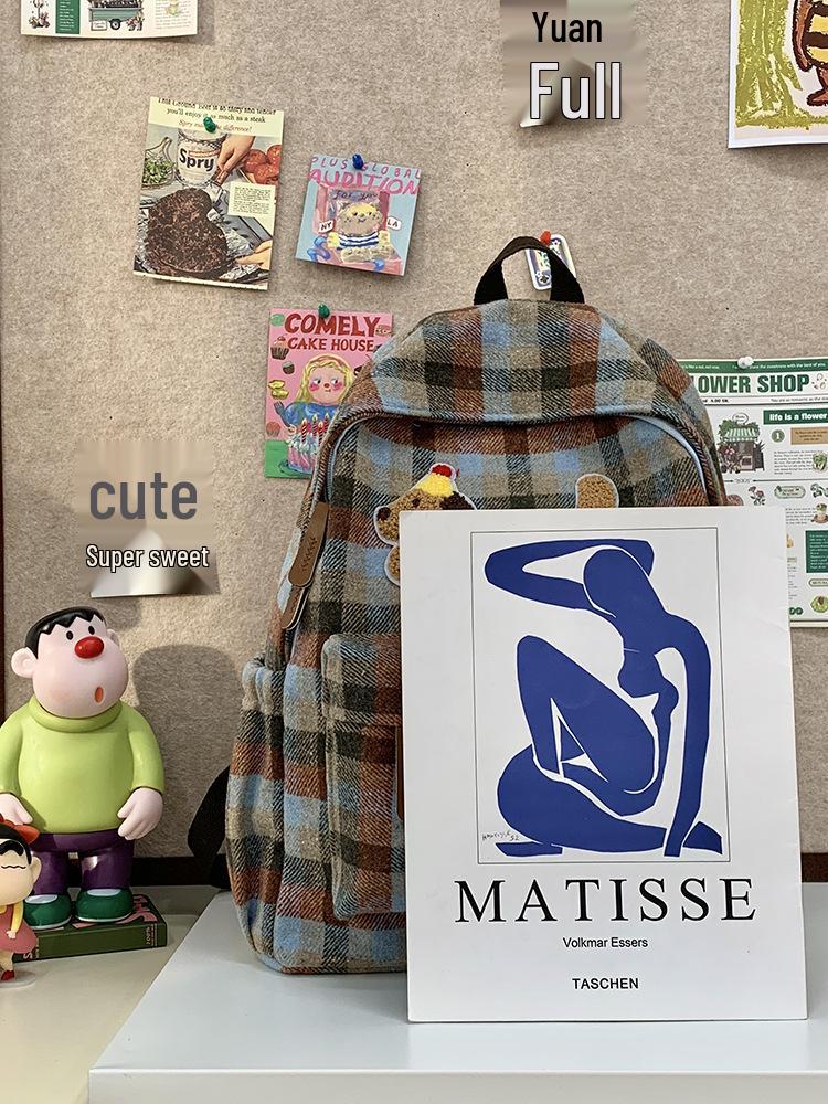 Очаровательный рюкзак в клетку твид с таксой для девочек - от учениц средней школы до студенток колледжа (Коллекция Осень/Зима 2025)