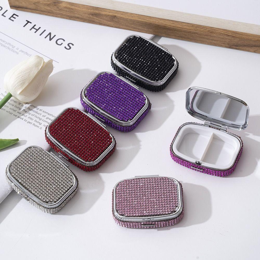 С HD Зеркалом Мини Футляр для Таблеток Милый Герметичный Органайзер Инкрустированная Стразами Шкатулка для Ювелирных Изделий Дорожный