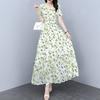 Women's Floral Print Maxi Dress Summer V Neck Short Sleeve Long Dress Casual Swing A-line Beach Sundress