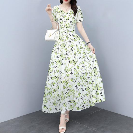 Women's Floral Print Maxi Dress Summer V Neck Short Sleeve Long Dress Casual Swing A-line Beach Sundress
