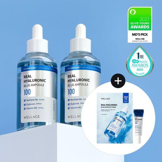 [Limited Special] Wellage Real Hyaluronic Blue 100 Ampoule 75ml 1+1 Special (+10ml Cream + 1 Mask)