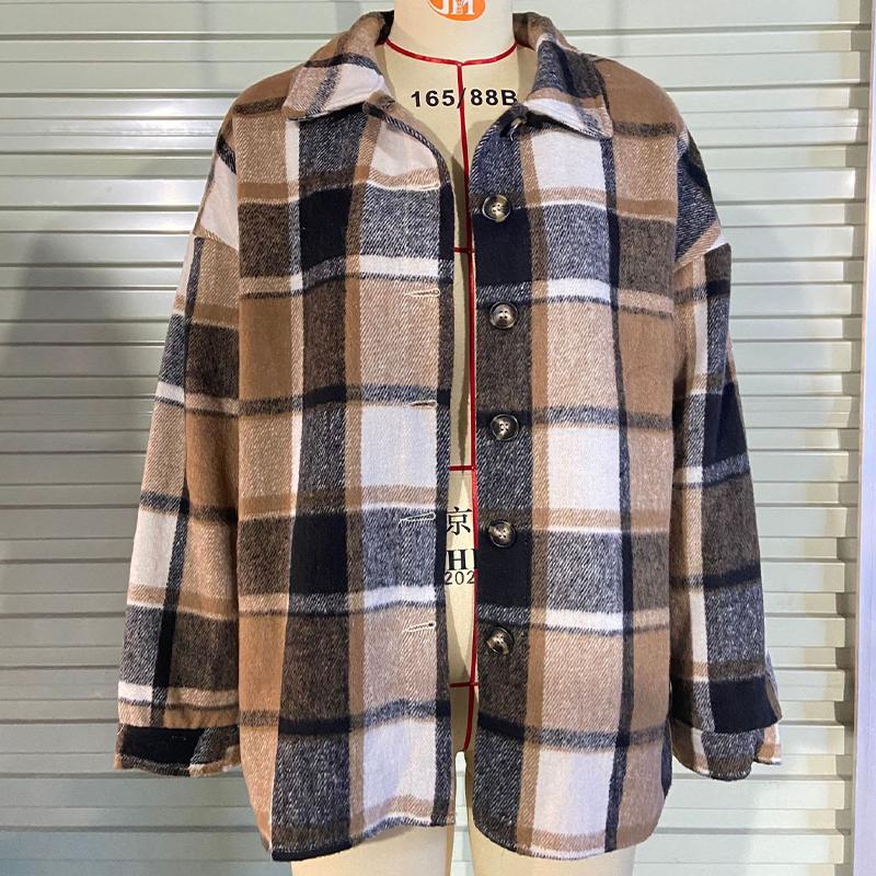 Женское пальто большого размера в клетку, в стиле рубашки, из смесовой шерсти, оверсайз блейзер, осенне-зимняя повседневная верхняя одежда