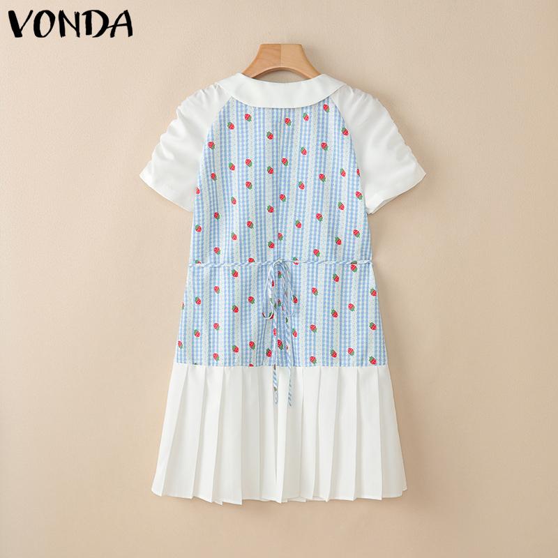 VONDA Women Lapel Neck Short Sleeve Plaid Print Patchwork Ruffled Mini Dress