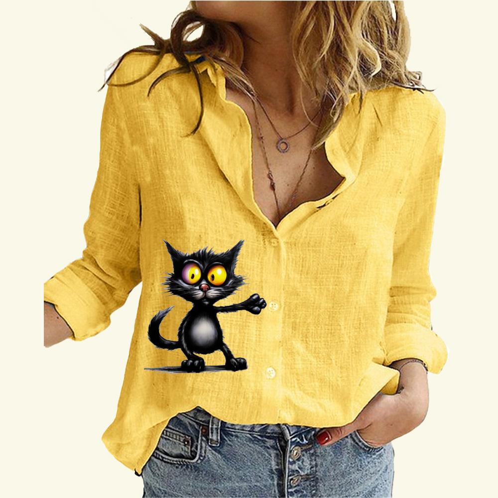 Женская мода хлопок льняная рубашка с принтом кота топ с длинным рукавом женская повседневная блузка на пуговицах