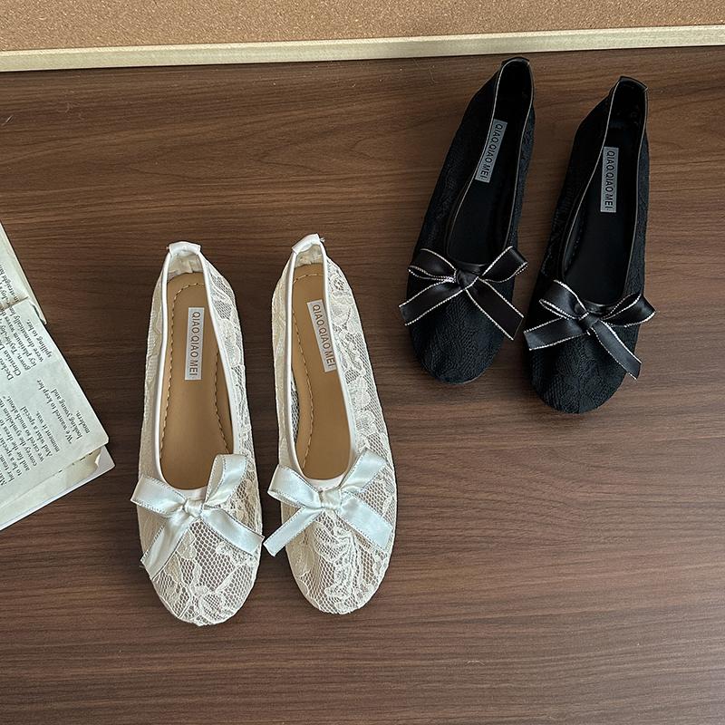Мода 2025 Новые женские туфли-лодочки с круглым носком, мелким вырезом, бантом, сеткой и кружевом, дышащие, на мягкой подошве, плоские, сетчатые, весенне-летние, новые