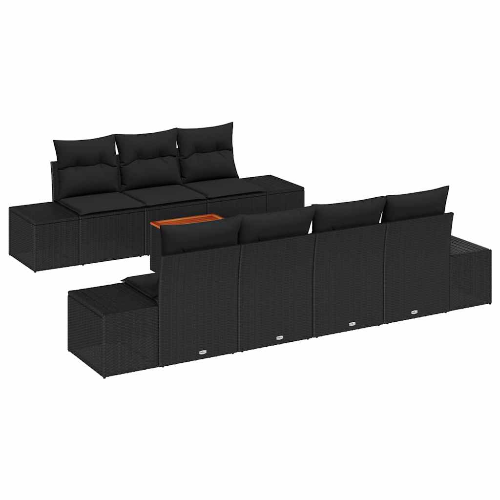 8 Piece Garden Sofa Set with Cushions Black Poly Rattan