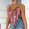 Women Sequin Sling Tops Halter Sleeveless Backless Short Vest with Metal Chain