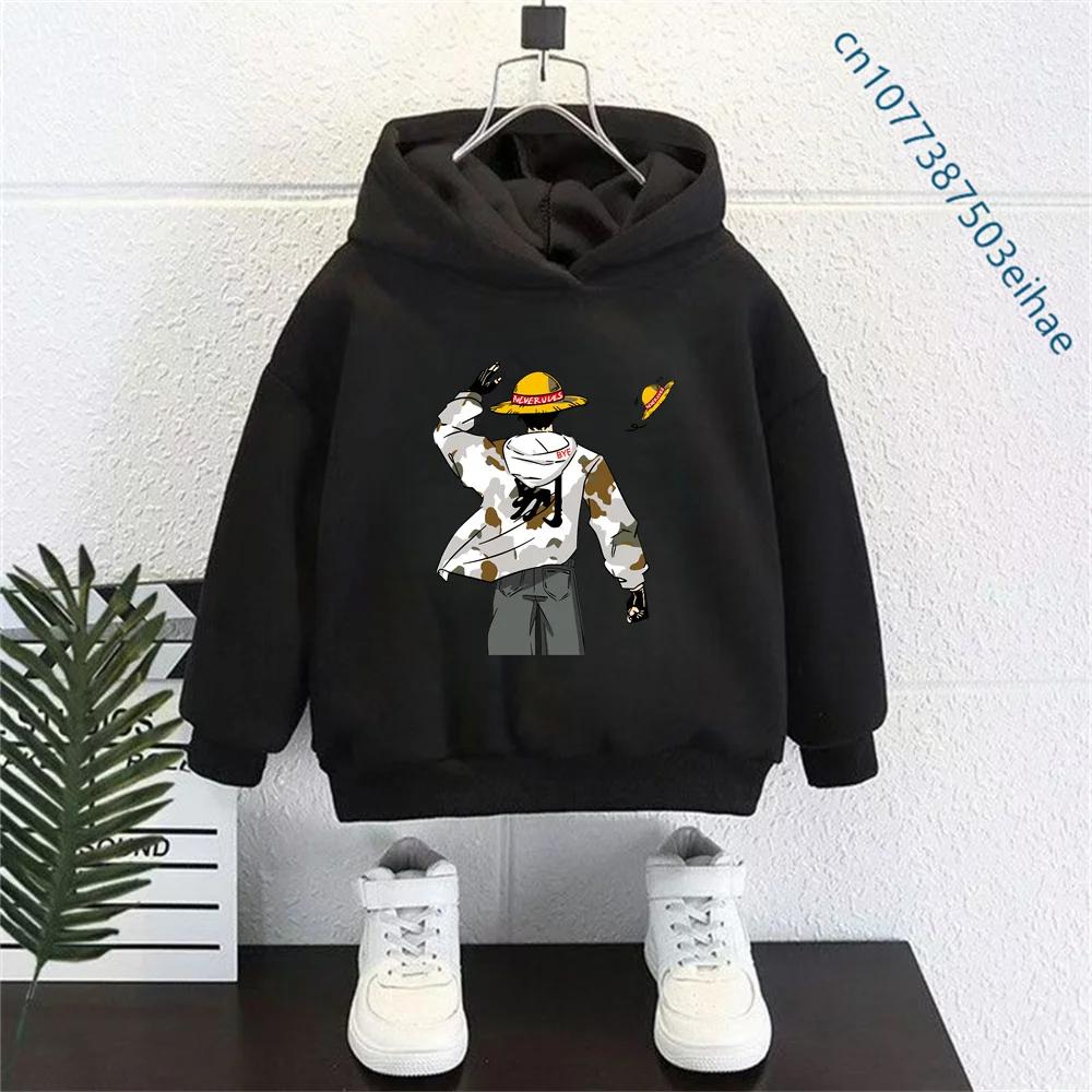 One Piece Luffy New Cartoon Kids Hoodie Y2K Street Style Casual Anime Pullover Hooded Sweatshirt Comfortable Daily Outfit