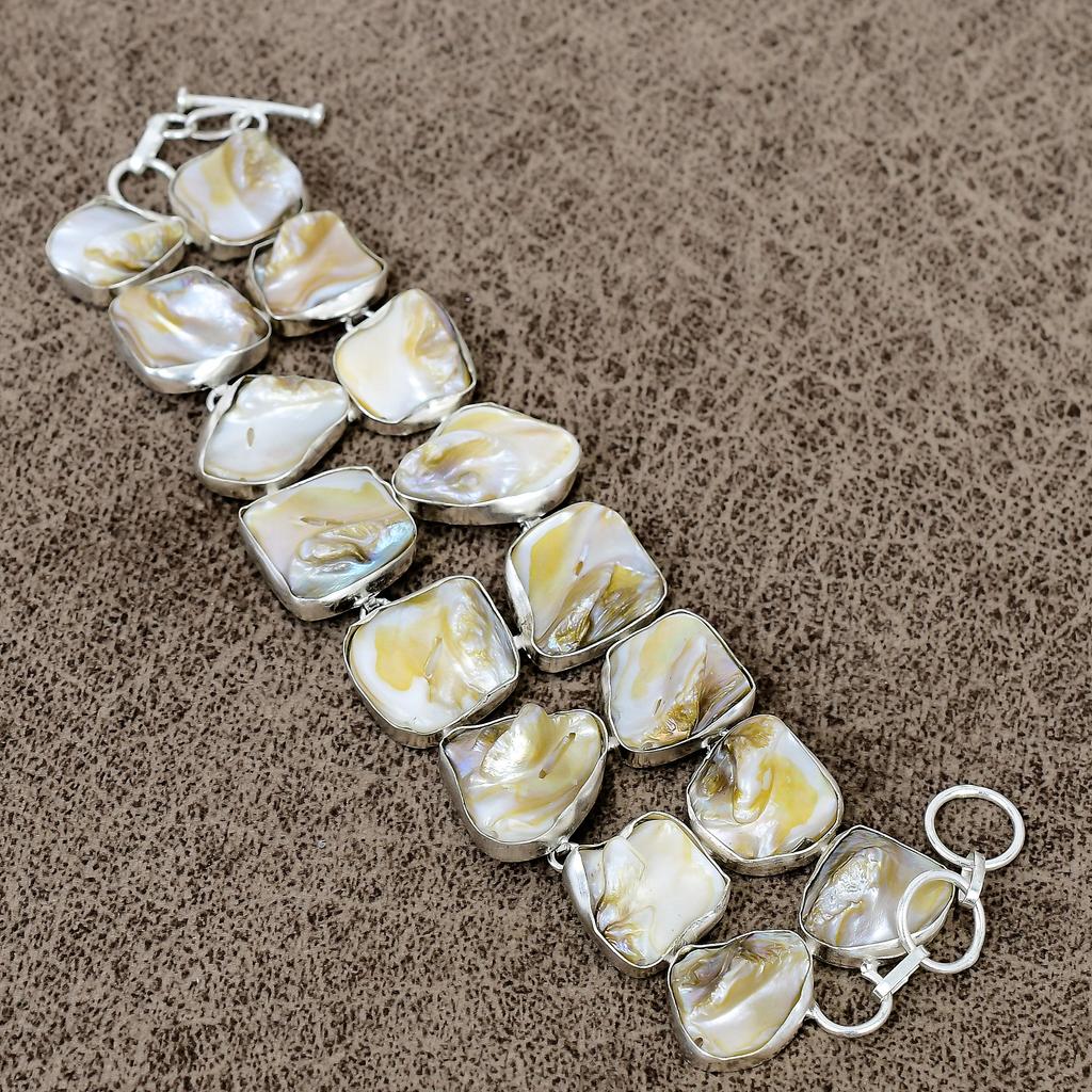 Biwa Pearl Gemstone Handmade 925 Sterling Silver Jewelry Bracelet 7-8" KKG-1023