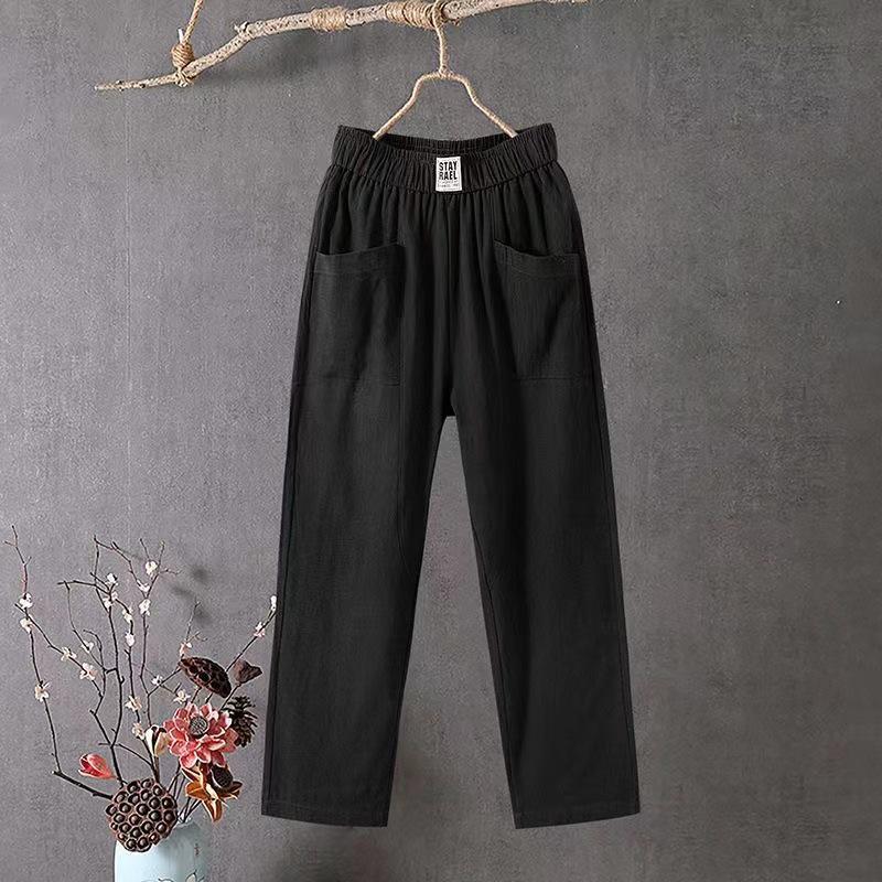 2024 Новые корейские свободные узкие брюки из хлопка и льна для женщин, летние тонкие шаровары с девятью точками, повседневный прямой крой.