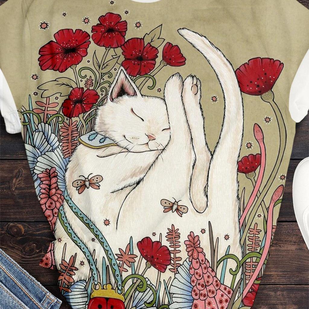 Женская футболка с 3D-принтом, цветочной кавайной анималистичной графикой, повседневные футболки с коротким рукавом, модные летние футболки с круглым вырезом Y2K для женщин