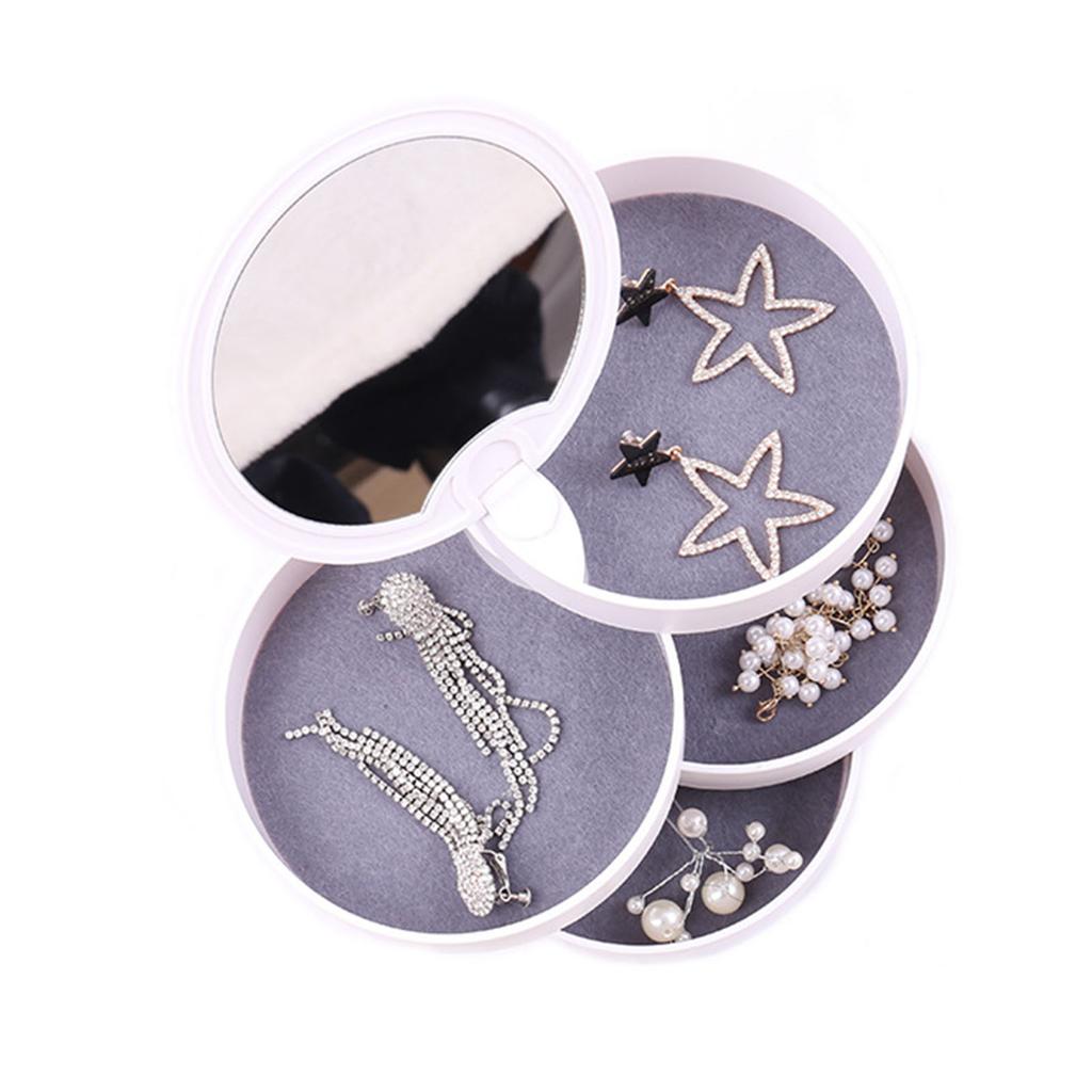 Portable Jewelry Box Travel Jewel Case 4 Layer Rotating Earring Storage Organizer with Mirror White