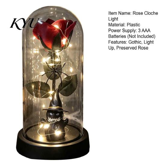 Secret Room Decorative Item Halloween Indoor Light Up Rose in Plastic Dome Cloche, Artificial Preserved Gothic Floral Night with Spider Pumpkin Witch