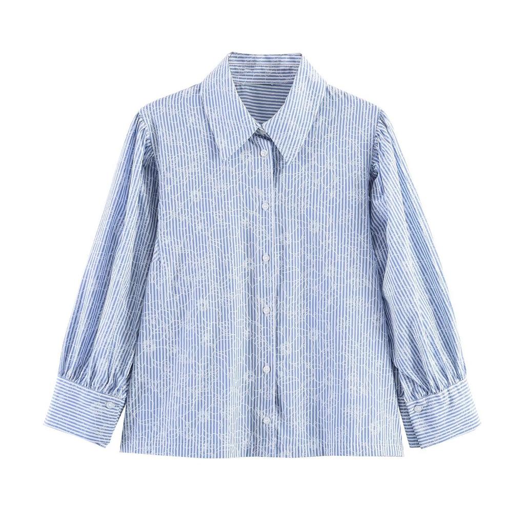 European and American style, new women's clothing, foreign style, fashionable flower print striped shirt 3564076