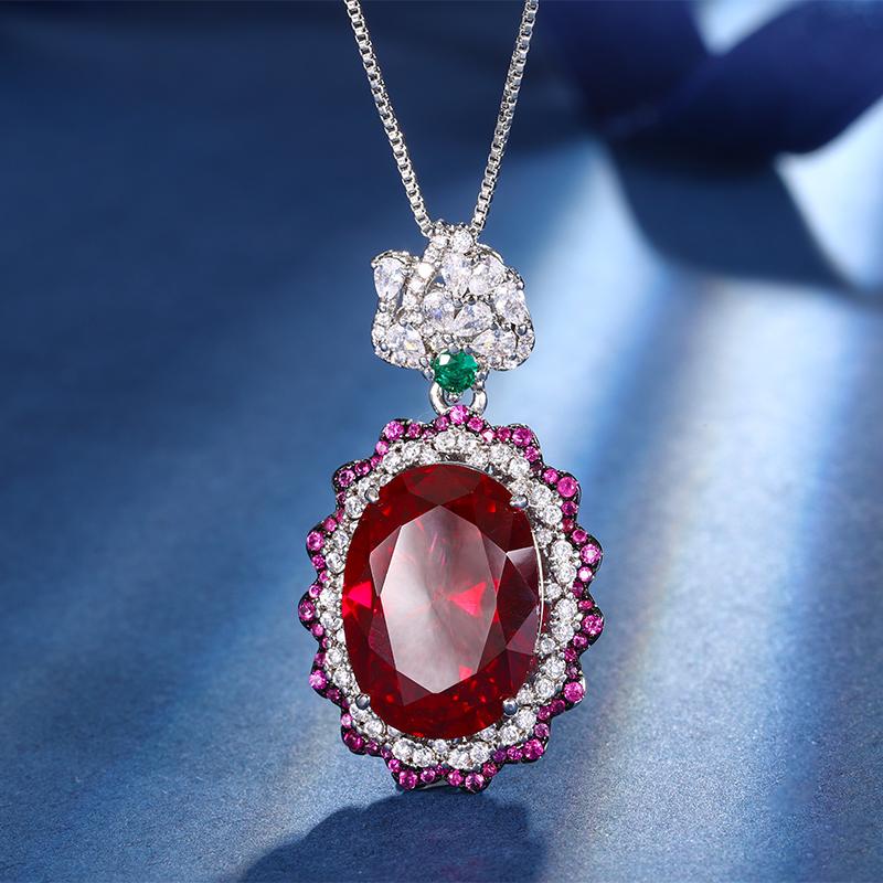 Fashion Jewelry Set Wedding Gift Sapphire Ruby Gemstone Zircon Macrame Flower Pendant Necklace Rings Sets for Women