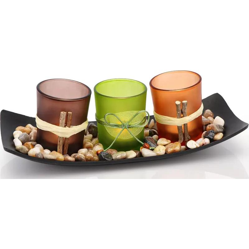 LED Electronic Candle Holder (With Rock & Tray) - 3-Piece Retro Set, Wooden Glass Tea Lamp Candle Holder