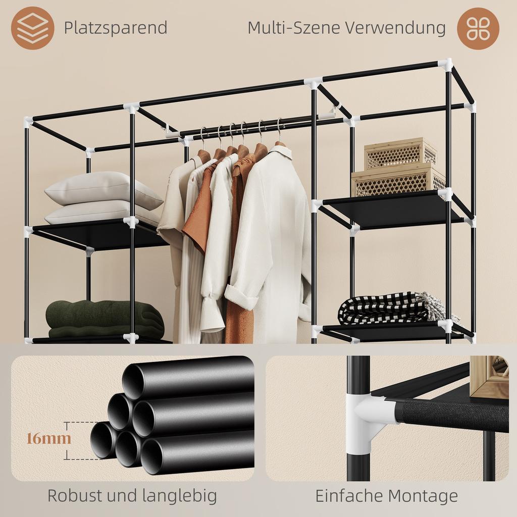 Fabric Wardrobe made of Non-Woven Fabric, Folding Wardrobe, 1 Clothes Rail, 9 Shelves, 150 cm x 43 cm x 162.5 cm, Black