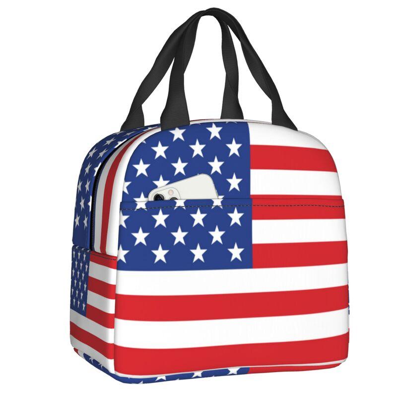 США Американский флаг Термоизолированные сумки для ланча Женские Соединенные Штаты США Звезды Портативный ланч для кемпинга Путешествия Контейнер для еды