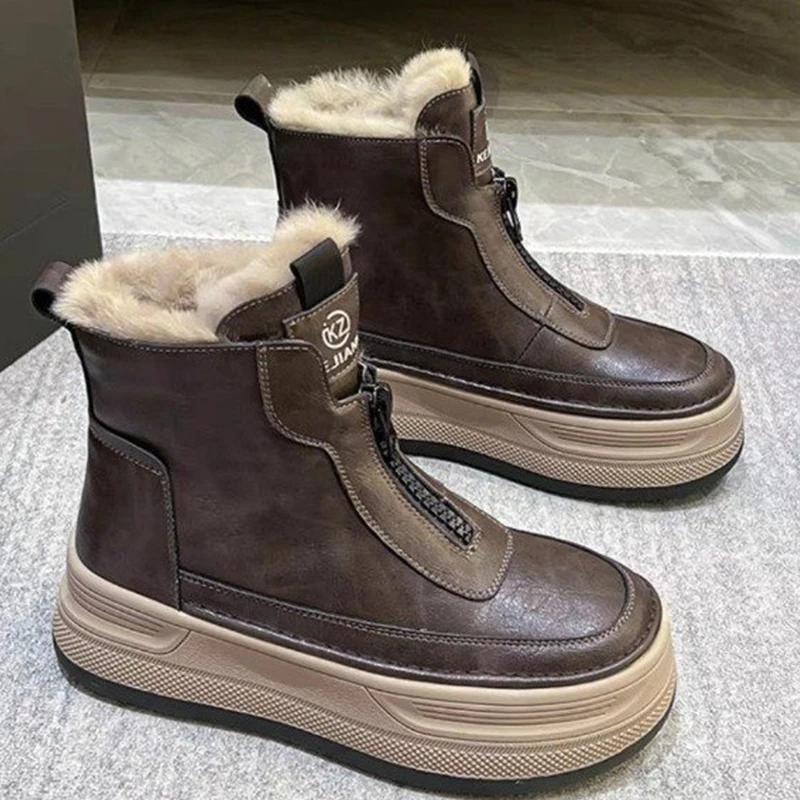 Ботильоны женские на меховой платформе на плоской подошве, модные кожаные туфли для женщин 2025 года, тренд зимы, новые дизайнерские повседневные ботинки в стиле панк для прогулок, женские