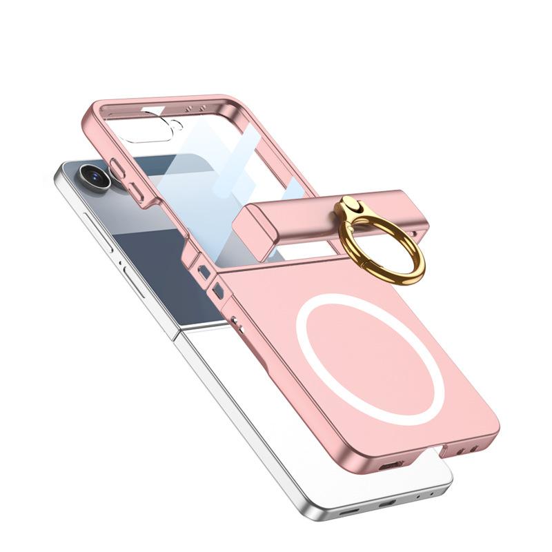 Подходит для мобильного телефона со складным экраном Samsung Zflip7, Модный чехол с вращающимся валом, Полностью закрывающий корпус с кольцом для пальца, Беспроводной, Матовый защитный чехол-скин