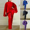 2Pcs/Set Women Faux Satin Outfit O-Neck Batwing Long Sleeve Loose Tops High Waist Long Pants Set Solid Color Elastic Outfit