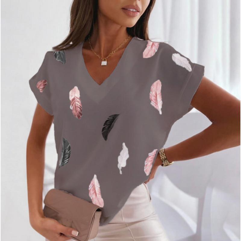 Feather 3D Printed T-shirts V-neck Short Sleeved Women's T-shirts
