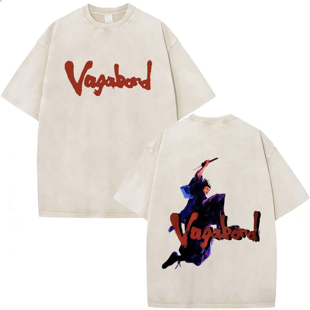 Vintage Washed Anime Vagabond Miyamoto Musashi T-shirts Men Women Clothing Casual Loose Fashion Short Sleeve T Shirts Streetwear