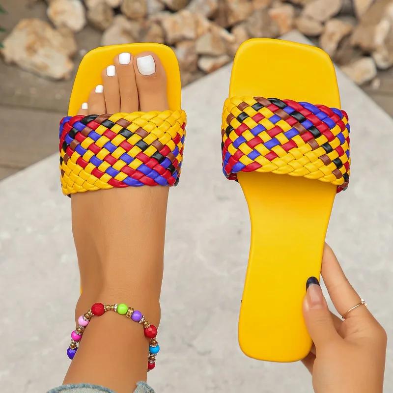 Обувь для женщин с открытым носком, женские тапочки, уличные пляжные тапочки, женские квадратные носки, разноцветные, на плоской подошве, сандалии больших размеров