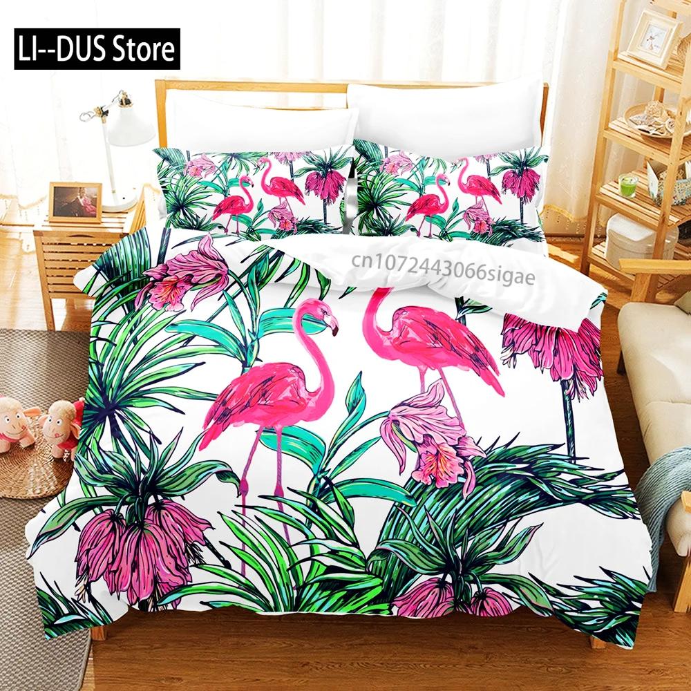Pink Flamingo Duvet Cover Green Leaves Floral Animal Print Bedding Set For Kids Girls Tropical Pattern Design Bedroom Decor