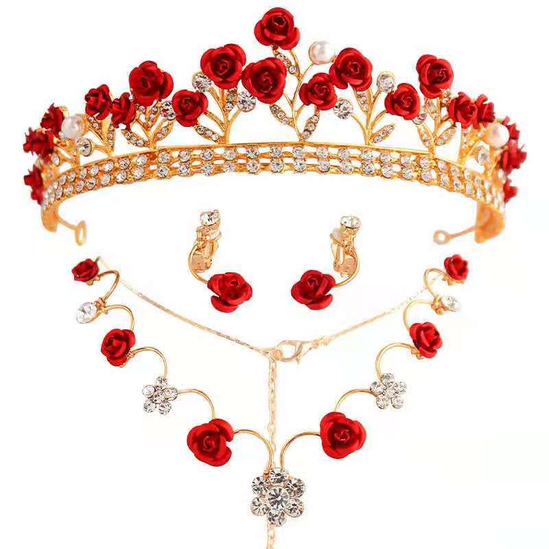 Three Piece Bride Headwear Set Korean Style Forest Themed Hair Band Red Hair Accessory Fairy Hair Band Toasting Wedding Dress and Accessories