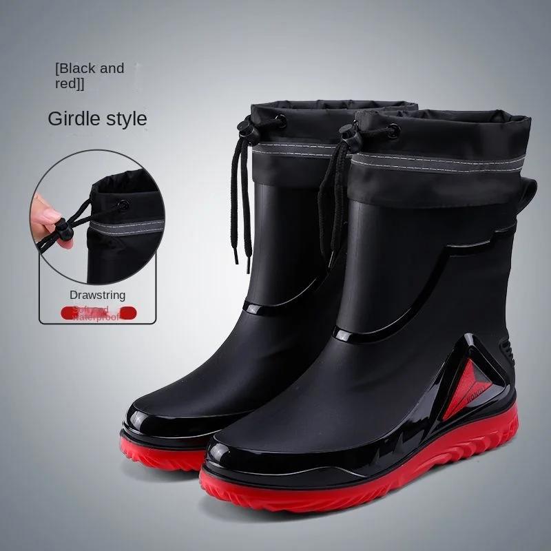 Fashion Rain Shoes Men's Short Anti Slip Mid Tube Rain Boots Short Water Shoes with Velvet Work Shoes