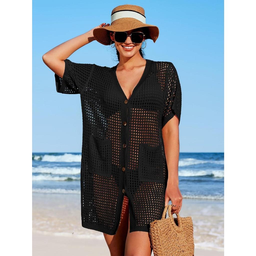 Charmleaks купальник накидка женское вязаное крючком пляжное платье на пуговицах с боковым разрезом купальный костюм накидки карманные купальники