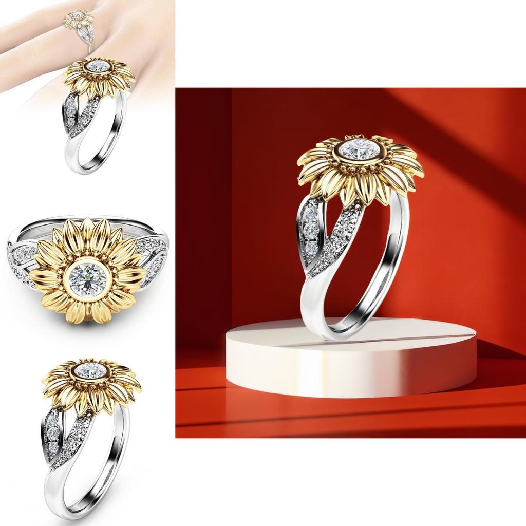 Stylish Copper Sunflower Ring With Gold Plating And Gemstone Inlay For Birthdays