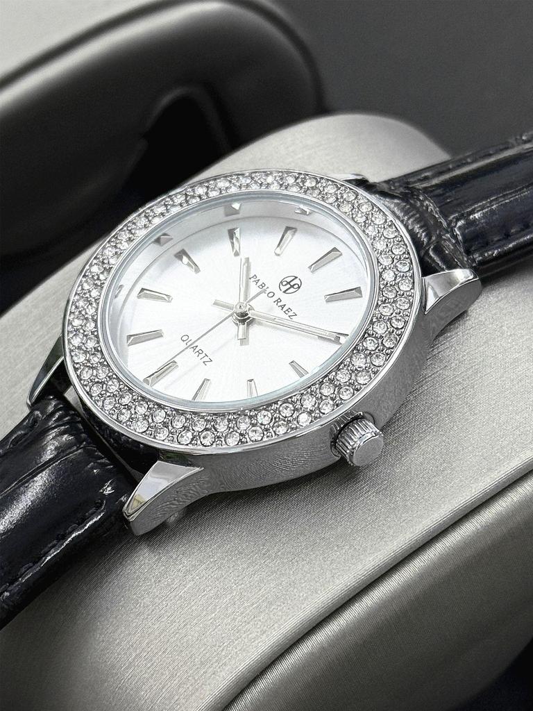 Pablo Raez Women's Quartz Rhinestone Watch with Leather Strap - Trendy & Versatile Gift