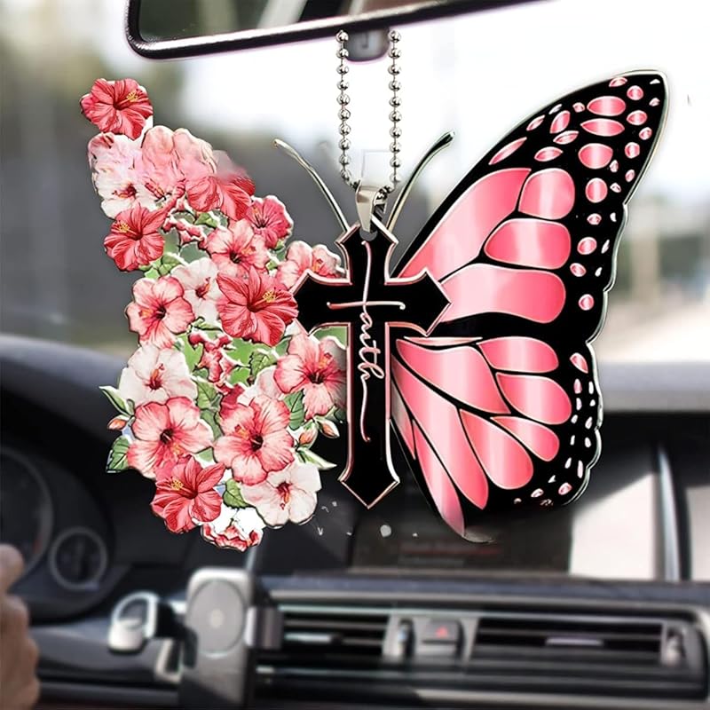 Car Mirror Hanging Accessories, Rearview Mirror Butterfly Ornaments Christian Car Accessories, Car Rosary, Cross, Driver Easter Religious Gifts, Auto