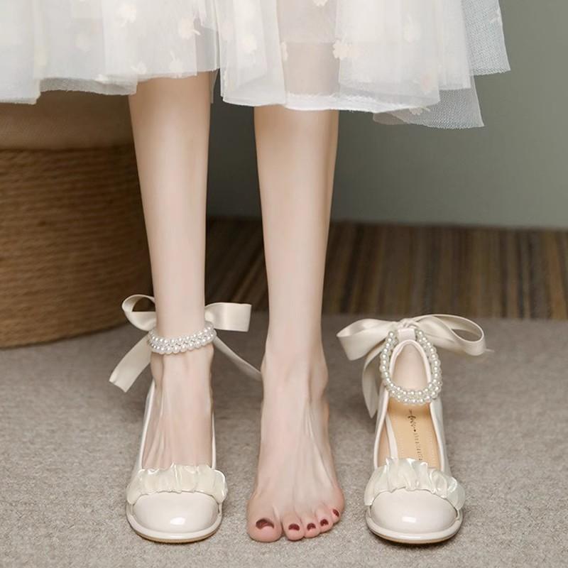 Single Shoes Women's Spring 2025 New Light Mouth Versatile Shoes Pearl Lady Thick Heel Mary Jane High Heels