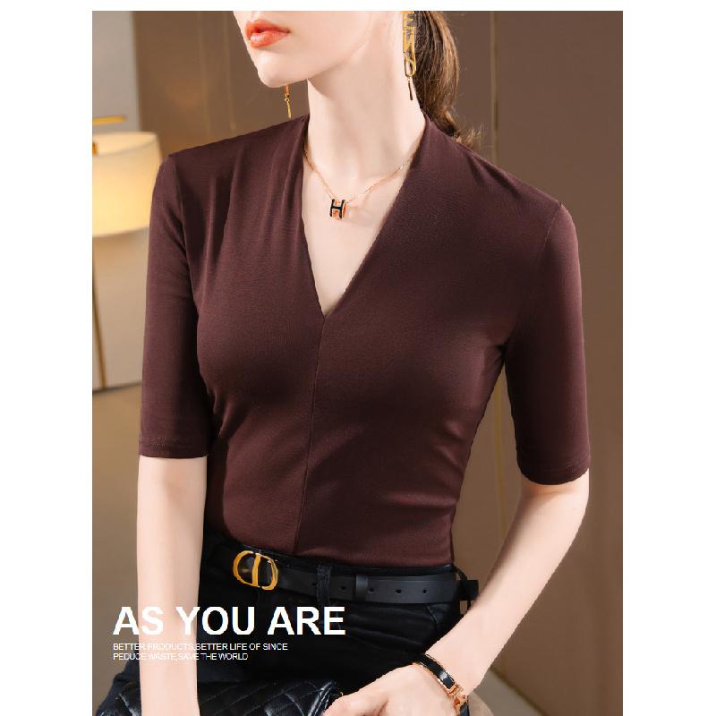 New mid-sleeve women's t-shirt 2026, elegant V-neck inner layer, stretchy base shirt, slim-fit waist top