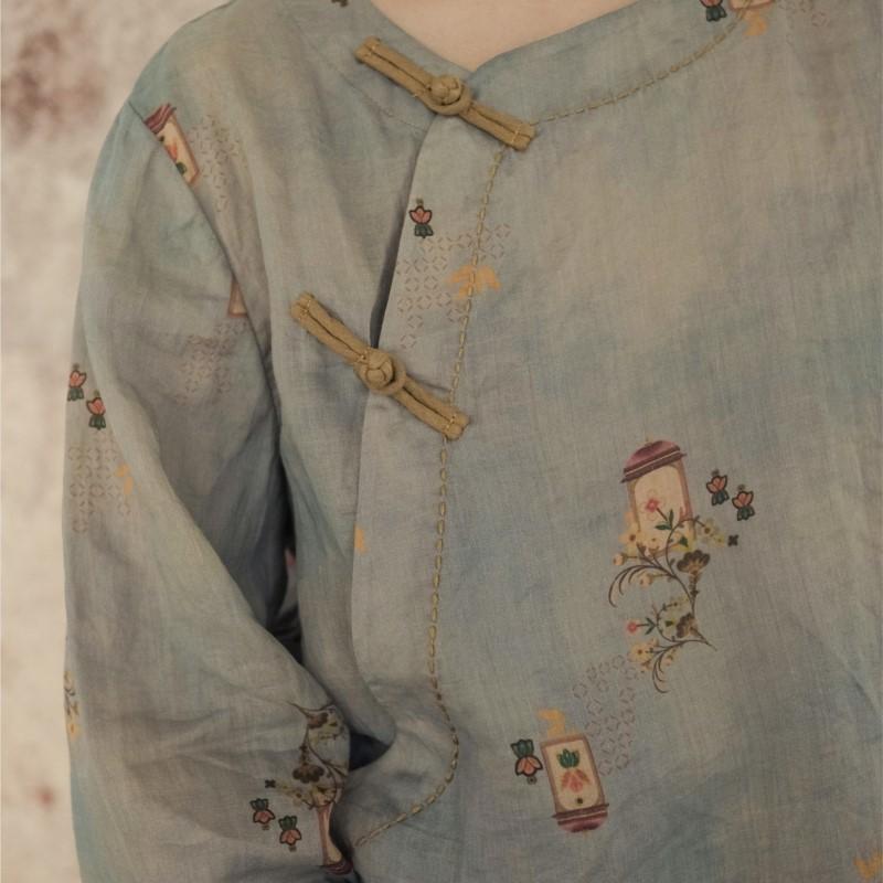 Johnature Женские винтажные рубашки с цветочным принтом, топы, весенние блузки Ramie с девятью рукавами, женские рубашки на пуговицах